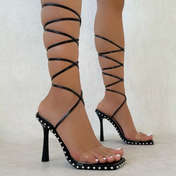 SIMMI LONDON Shoes - SIMMI LONDON SAYLOR BLACK FAUX SNAKE PRINT DIAMANTE LACE UP HEELS